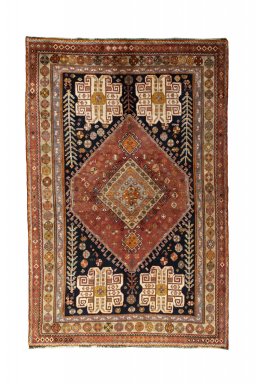 Full view of 2000s Shiraz rug from Iran / Persia, 242 × 160 cm in Red tones