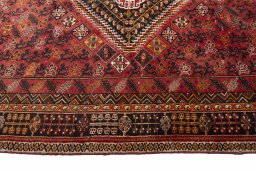 Full view of 2000s Shiraz rug from Iran / Persia, 255 × 155 cm in Red tones
