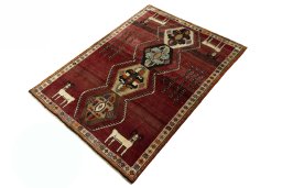 Corner detail of 2000s Shiraz rug showing border pattern and Wool pile