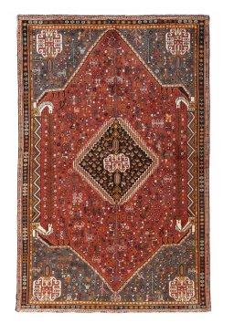 Full view of 2000s Shiraz rug from Iran / Persia, 240 × 153 cm in Red tones