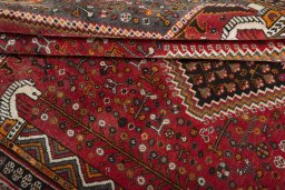 Full view of 2000s Shiraz rug from Iran / Persia, 240 × 153 cm in Red tones