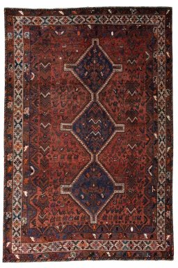 Full view of 2000s Shiraz rug from Iran / Persia, 300 × 203 cm in Red tones