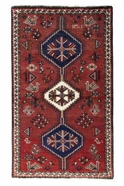 Full view of 2000s Shiraz rug from Iran / Persia, 188 × 107 cm in Red tones