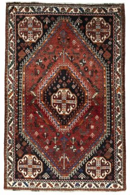 Full view of 2000s Shiraz rug from Iran / Persia, 172 × 112 cm in Red tones