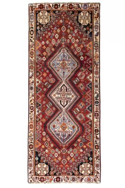 Full view of 2000s Shiraz rug from Iran / Persia, 262 × 106 cm in Red tones