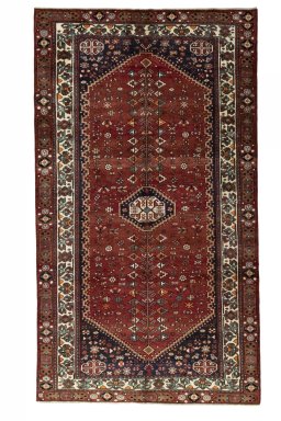 Full view of 2000s Shiraz rug from Iran / Persia, 286 × 162 cm in Red tones