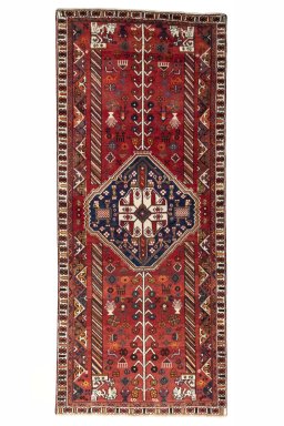Full view of 2000s Shiraz rug from Iran / Persia, 246 × 104 cm in Red tones
