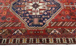 Full view of 2000s Shiraz rug from Iran / Persia, 246 × 104 cm in Red tones