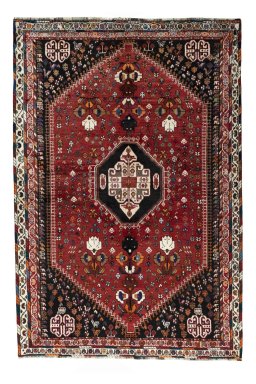 Full view of 2000s Shiraz rug from Iran / Persia, 264 × 180 cm in Red tones
