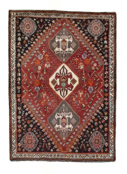 Full view of 2000s Shiraz rug from Iran / Persia, 164 × 120 cm in Red tones