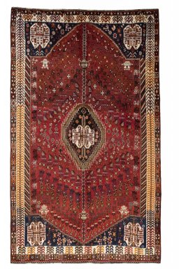 Full view of 2000s Shiraz rug from Iran / Persia, 276 × 165 cm in Red tones