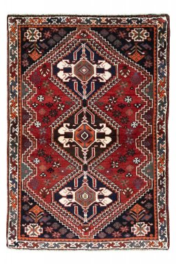 Full view of 2000s Shiraz rug from Iran / Persia, 159 × 110 cm in Red tones
