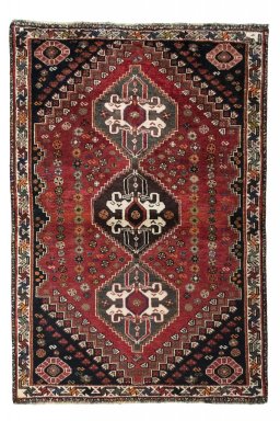 Full view of 2000s Shiraz rug from Iran / Persia, 160 × 110 cm in Red tones