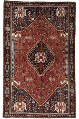 Full view of 2000s Shiraz rug from Iran / Persia, 241 × 150 cm in Red tones