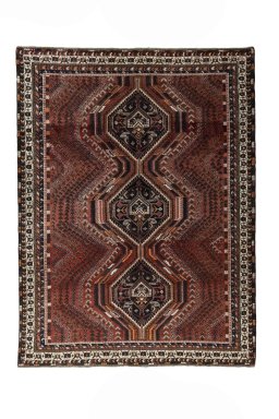 Full view of 2000s Shiraz rug from Iran / Persia, 275 × 207 cm in Red tones