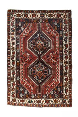 Full view of 2000s Shiraz rug from Iran / Persia, 158 × 106 cm in Red tones