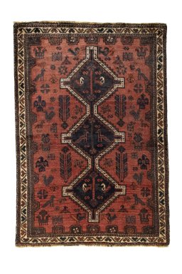 Full view of 2000s Shiraz rug from Iran / Persia, 152 × 105 cm in Red tones