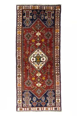 Full view of 2000s Shiraz rug from Iran / Persia, 200 × 84 cm in Red tones