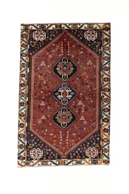 Full view of 2000s Shiraz rug from Iran / Persia, 255 × 165 cm in Red tones
