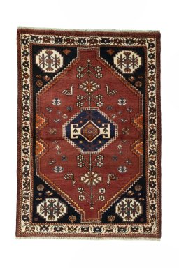 Full view of 2000s Shiraz rug from Iran / Persia, 156 × 110 cm in Red tones