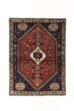 Full view of 2000s Shiraz rug from Iran / Persia, 157 × 115 cm in Red tones