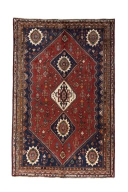 Full view of 2000s Shiraz rug from Iran / Persia, 267 × 174 cm in Red tones