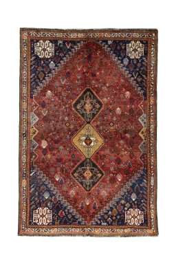 Full view of 2000s Shiraz rug from Iran / Persia, 273 × 185 cm in Red tones