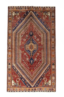 Full view of 2000s Shiraz rug from Iran / Persia, 264 × 152 cm in Red tones