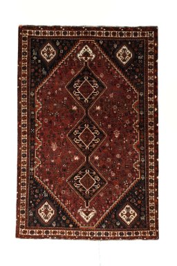 Full view of 2000s Shiraz rug from Iran / Persia, 271 × 180 cm in Red tones