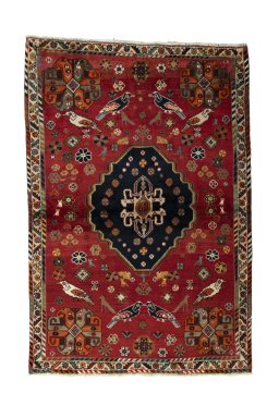 Full view of 2000s Shiraz rug from Iran / Persia, 185 × 125 cm in Red tones
