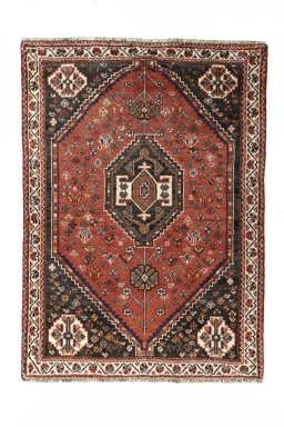 Full view of 2000s Shiraz rug from Iran / Persia, 159 × 114 cm in Red tones