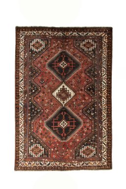 Full view of 2000s Shiraz rug from Iran / Persia, 254 × 172 cm in Red tones