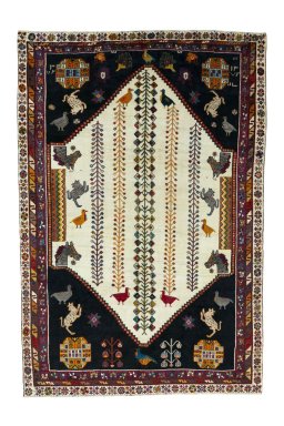 Full view of 2000s Shiraz rug from Iran / Persia, 300 × 201 cm in Beige tones