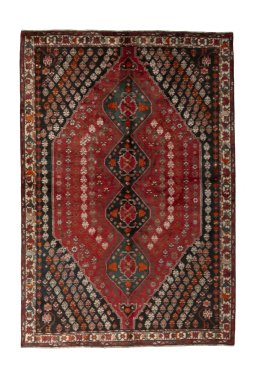 Full view of 1970s Shiraz rug from Iran / Persia, 255 × 174 cm in Red tones