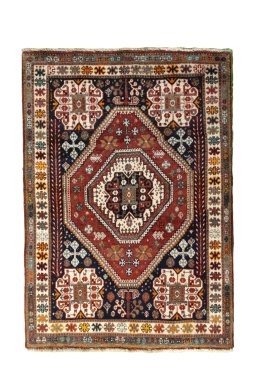 Full view of 2000s Shiraz rug from Iran / Persia, 145 × 102 cm in Red tones