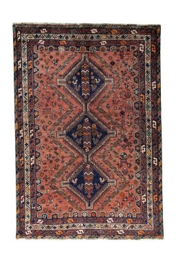 Full view of 2000s Shiraz rug from Iran / Persia, 251 × 172 cm in Red tones