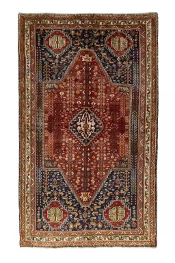 Full view of 2000s Shiraz rug from Iran / Persia, 256 × 153 cm in Red tones