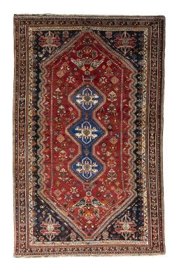 Full view of 2000s Shiraz rug from Iran / Persia, 267 × 169 cm in Red tones