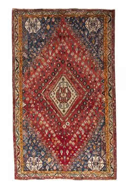 Full view of Unknown Shiraz rug from Iran / Persia, 263 × 162 cm in Red tones