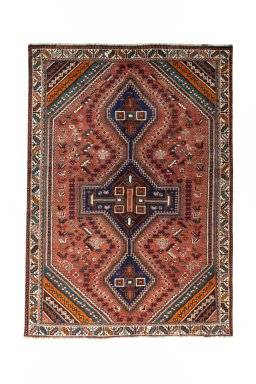 Full view of 2000s Shiraz rug from Iran / Persia, 252 × 178 cm in Red tones