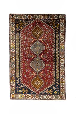 Full view of 2000s Shiraz rug from Iran / Persia, 230 × 150 cm in Red tones