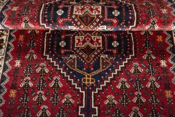 Full view of 2000s Shiraz rug from Iran / Persia, 150 × 108 cm in Red tones