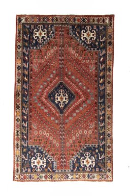Full view of 2000s Shiraz rug from Iran / Persia, 264 × 157 cm in Red tones