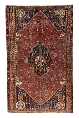 Full view of 2000s Shiraz rug from Iran / Persia, 245 × 151 cm in Red tones