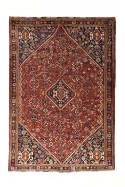 Full view of 2000s Shiraz rug from Iran / Persia, 258 × 178 cm in Red tones