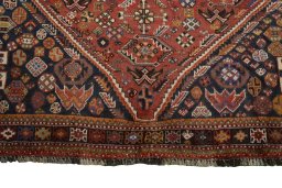 Full view of 2000s Shiraz rug from Iran / Persia, 258 × 178 cm in Red tones
