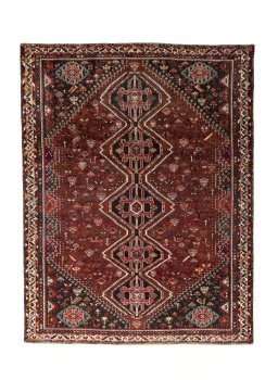 Full view of 2000s Shiraz rug from Iran / Persia, 315 × 242 cm in Red tones