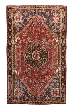 Full view of 2000s Shiraz rug from Iran / Persia, 260 × 158 cm in Red tones