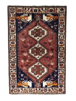 Full view of 2000s Shiraz rug from Iran / Persia, 242 × 161 cm in Red tones