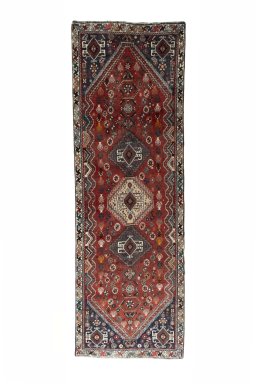 Full view of 2000s Shiraz rug from Iran / Persia, 285 × 93 cm in Red tones